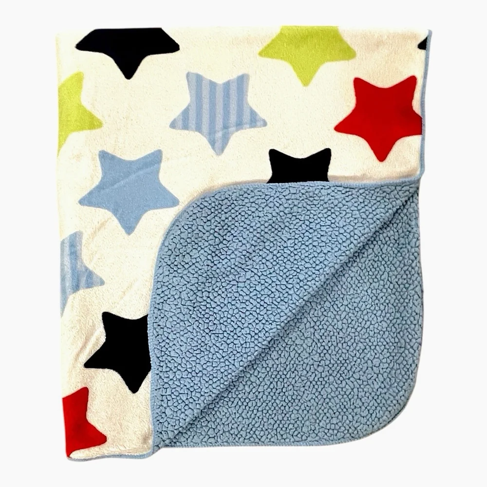 Garanimals White Plush Baby Blanket Blue Red Green Stars Blue Sherpa Back Lovey